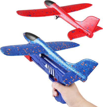 Baytion Airplane Construction Kits, Foam Glider Plane With Launcher Gun for Kids, Two Glider Catapult Planes for Girls and Boys (Blue Gun)