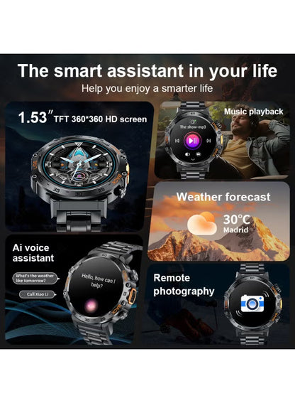 1.53'' TFT Full Touch Screen 290 mAh Big Battery Sports Smart watches for Men Bluetooth Call Waterproof with LED Flashlight Function 2 Black Straps