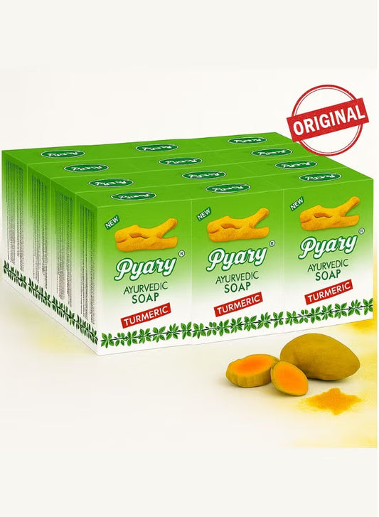 Pyary Ayurvedic Turmeric Soap – Herbal Antibacterial Face & Body Cleanser – Natural Brightening – Pack of 12 x 75g