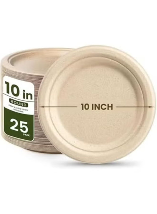 ecoway 10-Inch 100% Compostable Disposable Round Bagasse Paper Plates - Biodegradable Sugarcane Fiber - Strong Heavy Duty Rigid Design - Sustainable & Food-Grade - Natural Brown Color, Pack of 25