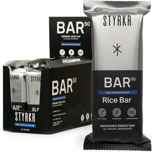 STYRKR Energy Bars -  for Cycling & Running - Date, Almond & Dark Chocolate - Approved by Endurance Athletes - 50g of Carbs via Advanced Dual-Carb Formulation - BAR50