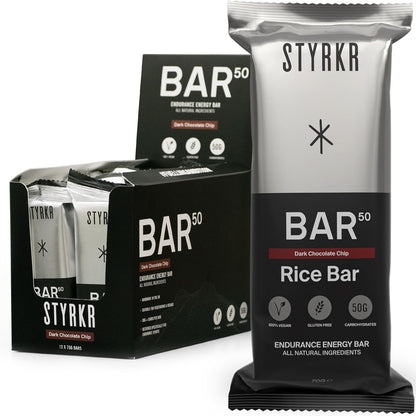 STYRKR Energy Bars - Pack of 12 Rice Bars for Cycling & Running - Dark Chocolate Chip Flavour - Approved by Endurance Athletes - 50g of Carbs via Advanced Dual-Carb Formulation - BAR50