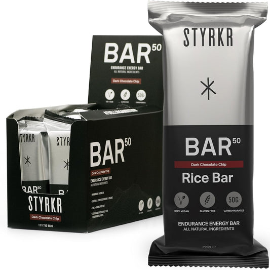 STYRKR Energy Bars - Pack of 12 Rice Bars for Cycling & Running - Dark Chocolate Chip Flavour - Approved by Endurance Athletes - 50g of Carbs via Advanced Dual-Carb Formulation - BAR50