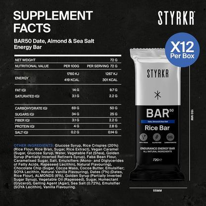 STYRKR Energy Bars -  for Cycling & Running - Date, Almond & Dark Chocolate - Approved by Endurance Athletes - 50g of Carbs via Advanced Dual-Carb Formulation - BAR50