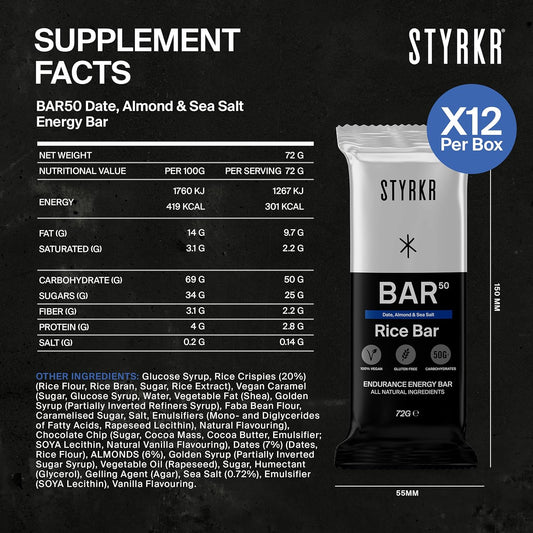 STYRKR Energy Bars -  for Cycling & Running - Date, Almond & Dark Chocolate - Approved by Endurance Athletes - 50g of Carbs via Advanced Dual-Carb Formulation - BAR50
