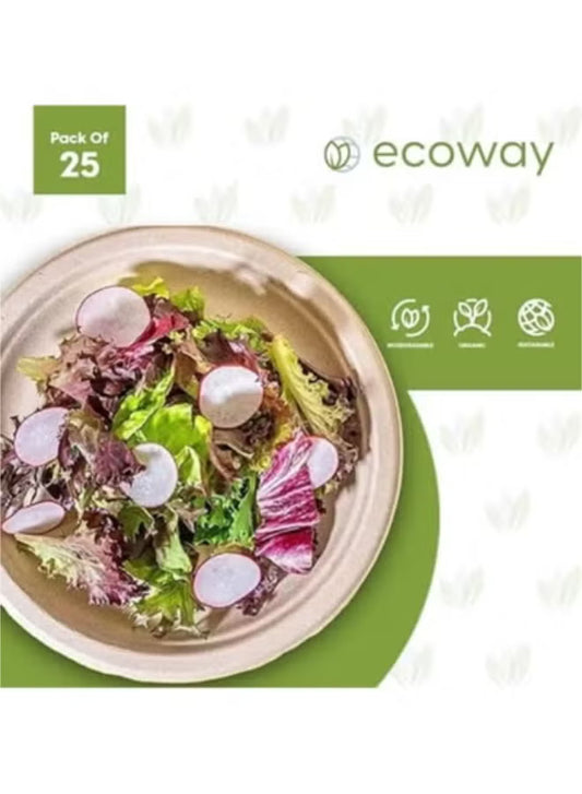 ecoway 10-Inch 100% Compostable Disposable Round Bagasse Paper Plates - Biodegradable Sugarcane Fiber - Strong Heavy Duty Rigid Design - Sustainable & Food-Grade - Natural Brown Color, Pack of 25