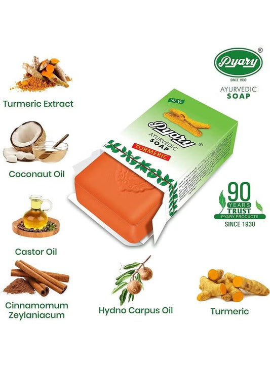 Pyary Ayurvedic Turmeric Soap – Herbal Antibacterial Face & Body Cleanser – Natural Brightening – Pack of 12 x 75g
