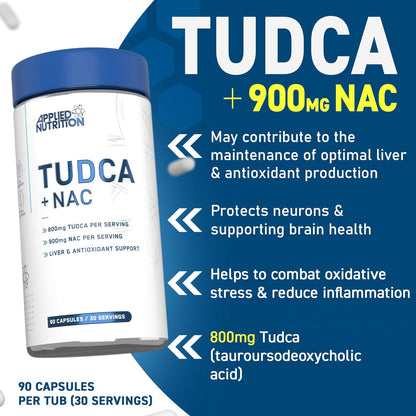 Applied Nutrition TUDCA + NAC Capsules - Tauroursodeoxycholic Acid, Liver Support Supplement Enhances Bile Production, Boosts Digestion and Immune System Support (90 Capsules - 30 Servings)