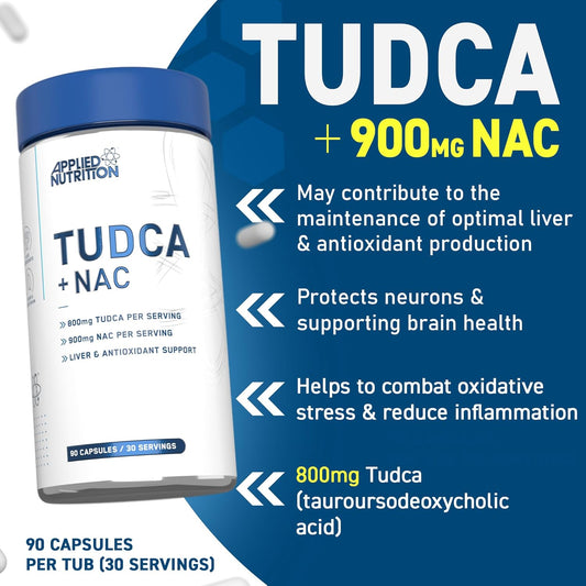 Applied Nutrition TUDCA + NAC Capsules - Tauroursodeoxycholic Acid, Liver Support Supplement Enhances Bile Production, Boosts Digestion and Immune System Support (90 Capsules - 30 Servings)