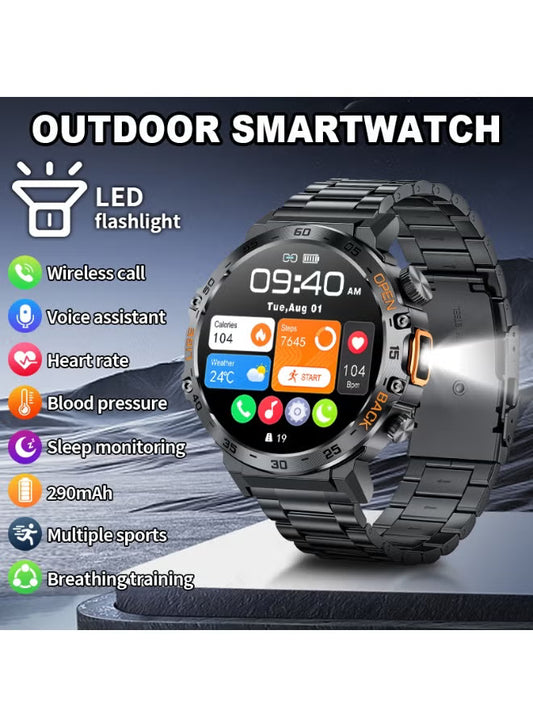 1.53'' TFT Full Touch Screen 290 mAh Big Battery Sports Smart watches for Men Bluetooth Call Waterproof with LED Flashlight Function 2 Black Straps