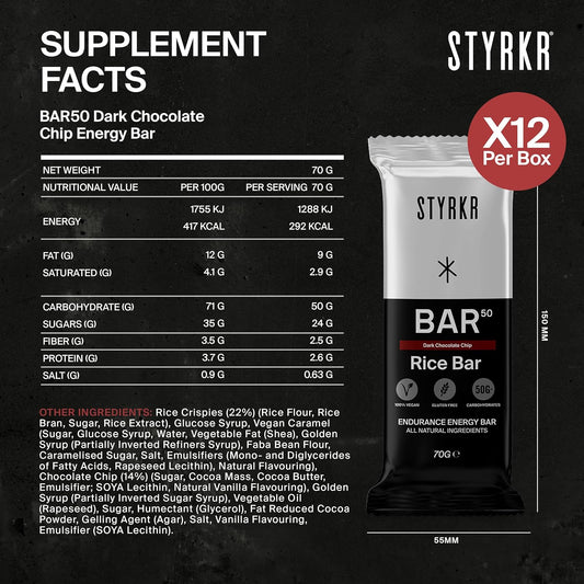 STYRKR Energy Bars - Pack of 12 Rice Bars for Cycling & Running - Dark Chocolate Chip Flavour - Approved by Endurance Athletes - 50g of Carbs via Advanced Dual-Carb Formulation - BAR50