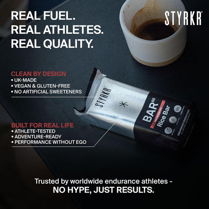 STYRKR Energy Bars - Pack of 12 Rice Bars for Cycling & Running - Dark Chocolate Chip Flavour - Approved by Endurance Athletes - 50g of Carbs via Advanced Dual-Carb Formulation - BAR50