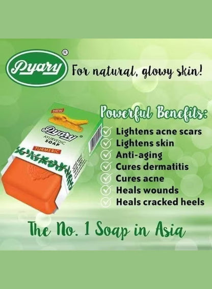 Pyary Ayurvedic Turmeric Soap – Herbal Antibacterial Face & Body Cleanser – Natural Brightening – Pack of 12 x 75g