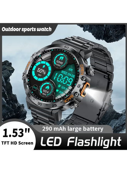 1.53'' TFT Full Touch Screen 290 mAh Big Battery Sports Smart watches for Men Bluetooth Call Waterproof with LED Flashlight Function 2 Black Straps