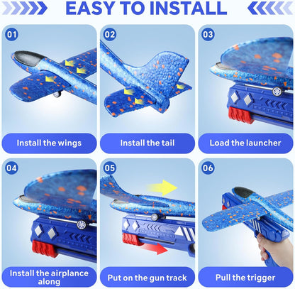 Baytion Airplane Construction Kits, Foam Glider Plane With Launcher Gun for Kids, Two Glider Catapult Planes for Girls and Boys (Blue Gun)