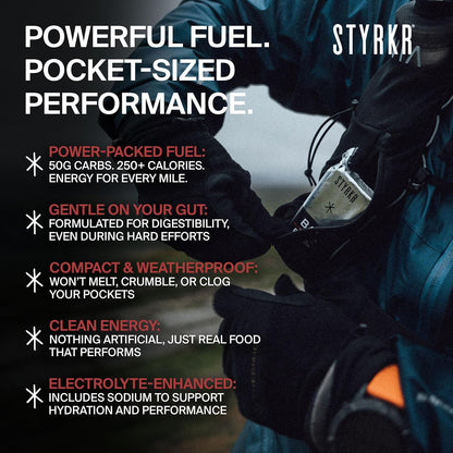 STYRKR Energy Bars - Pack of 12 Rice Bars for Cycling & Running - Dark Chocolate Chip Flavour - Approved by Endurance Athletes - 50g of Carbs via Advanced Dual-Carb Formulation - BAR50