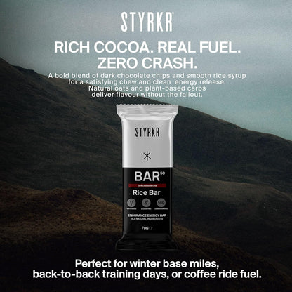 STYRKR Energy Bars - Pack of 12 Rice Bars for Cycling & Running - Dark Chocolate Chip Flavour - Approved by Endurance Athletes - 50g of Carbs via Advanced Dual-Carb Formulation - BAR50