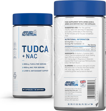 Applied Nutrition TUDCA + NAC Capsules - Tauroursodeoxycholic Acid, Liver Support Supplement Enhances Bile Production, Boosts Digestion and Immune System Support (90 Capsules - 30 Servings)