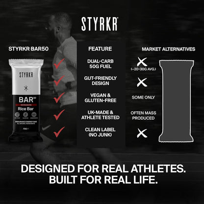 STYRKR Energy Bars - Pack of 12 Rice Bars for Cycling & Running - Dark Chocolate Chip Flavour - Approved by Endurance Athletes - 50g of Carbs via Advanced Dual-Carb Formulation - BAR50