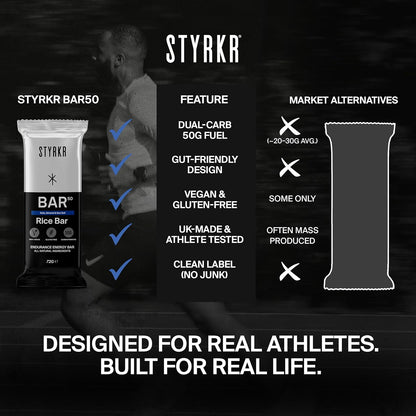 STYRKR Energy Bars -  for Cycling & Running - Date, Almond & Dark Chocolate - Approved by Endurance Athletes - 50g of Carbs via Advanced Dual-Carb Formulation - BAR50