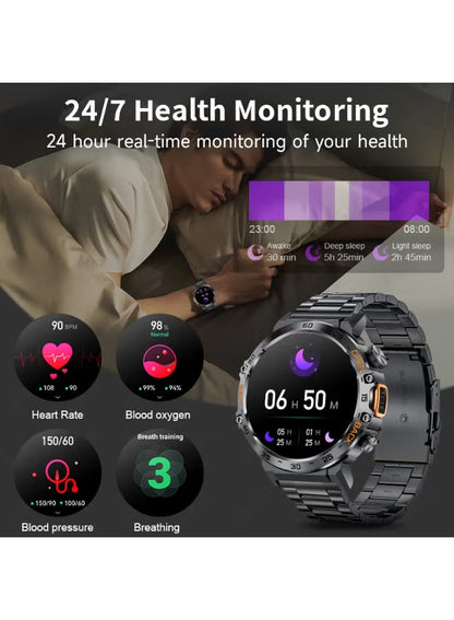 1.53'' TFT Full Touch Screen 290 mAh Big Battery Sports Smart watches for Men Bluetooth Call Waterproof with LED Flashlight Function 2 Black Straps