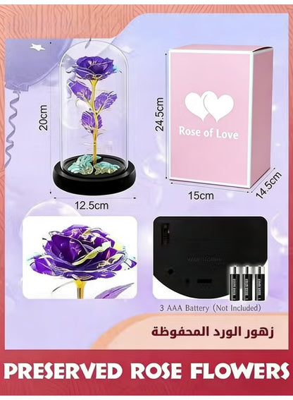 Colorful Artificial Flower Rose Gift,LED Light Forever Rose Birthday Gifts For Women Mom Grandma Wife,Rose Flower In Glass Dome,Timeless Beauty,Unique Gifts For Mother's Day/Birthdays,Purple